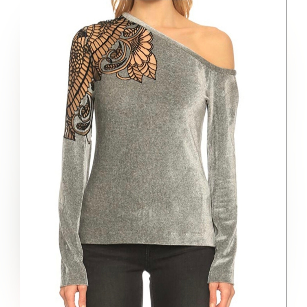 Yigal Azrouel Top Gray Velvet One Shoulder Lace Embroidered Long Sleeve Size 12